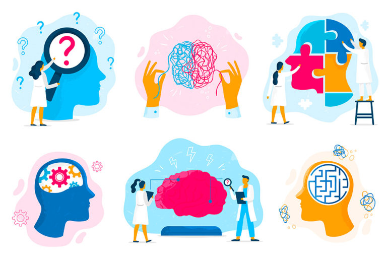 Ilustración representativa de cuidadores con personas con enfermedades mentales.