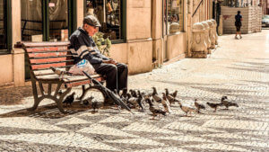 Anciano sentado en un banco con palomas alrededor.