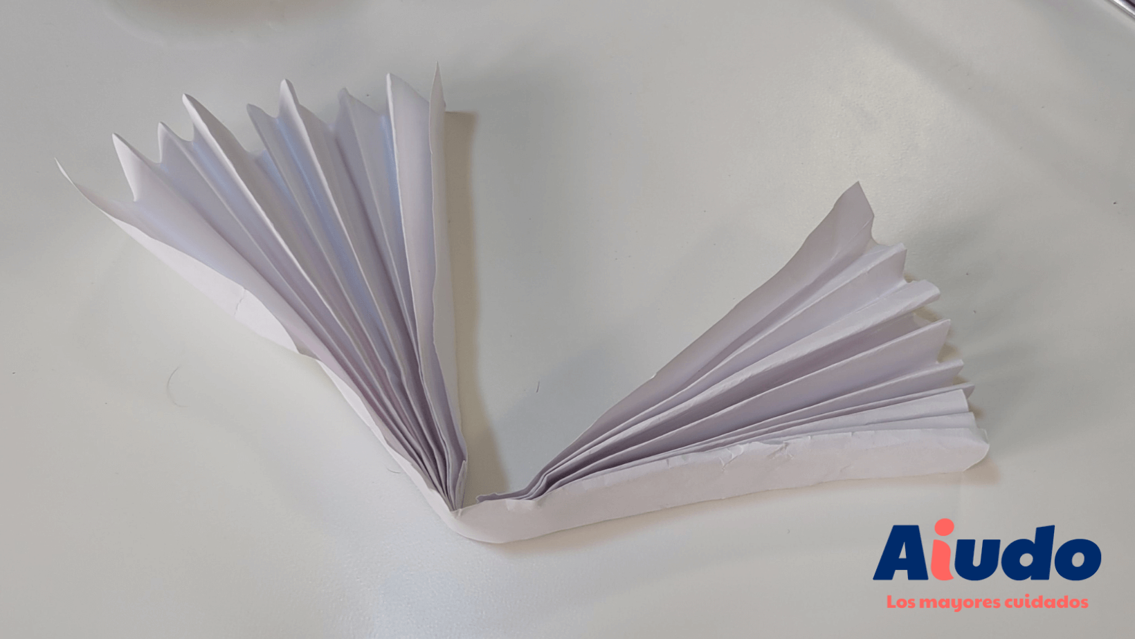 Un folio de papel con forma de acordeón plegado hacia arriba en uno de los pasos finales antes de crear un abanico de papel. 