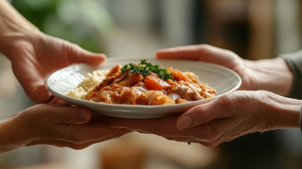 Hiporexia Un plato de comida colorida que lo sostienen 4 manos, dos más jóvenes y dos más ancianas.