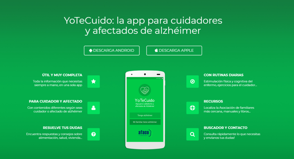 Portada de la web para la descarga de YoTeCuido Alzheimer. 