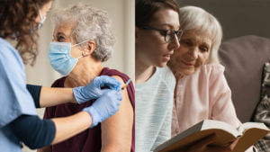 Una foto con una enfermera a domicilio vacunando a una anciana y otra con una cuidadora leyendo libro a una abuelita.
