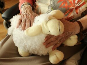 Anciana sentada con un peluche de una oveja.