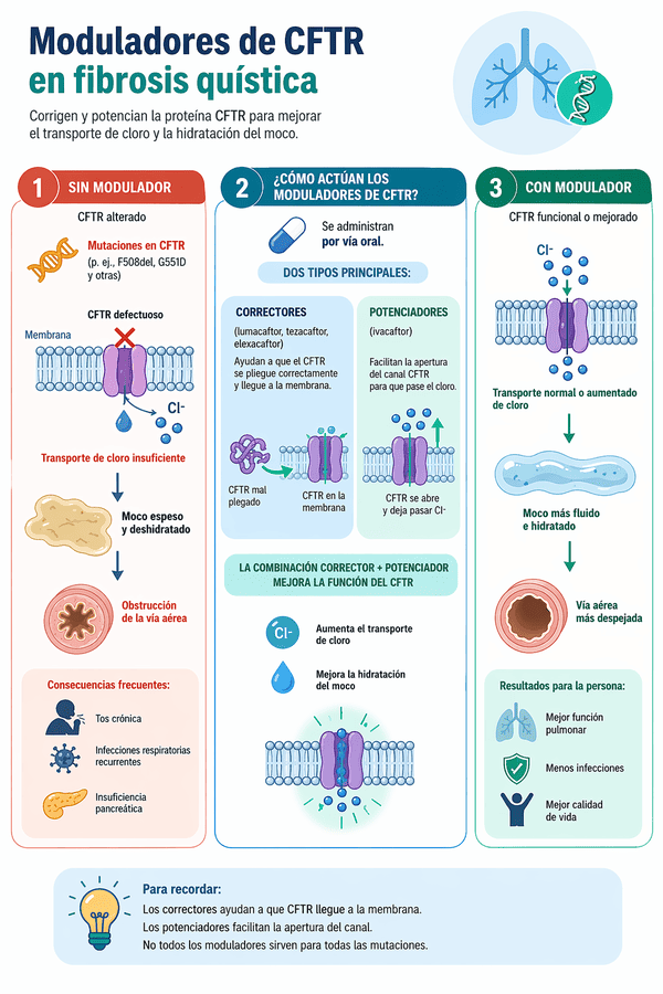 Moduladores fibrosis quística Infografía sobre como actuan los moduladores de CFTR en pacientes con fibrosis quística.