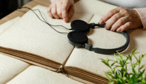 Una persona mayor con unos audífonos en la mano, sobre un libro en braille