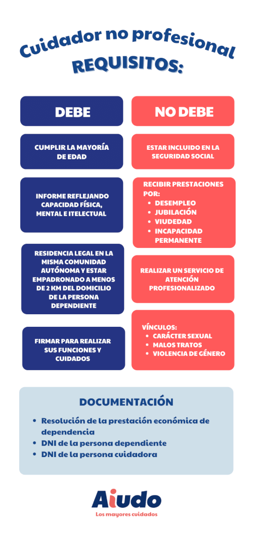 Una infografía que muestra los requisitos para ser cuidador no profesional y cotizar por ello en la Seguridad Social.