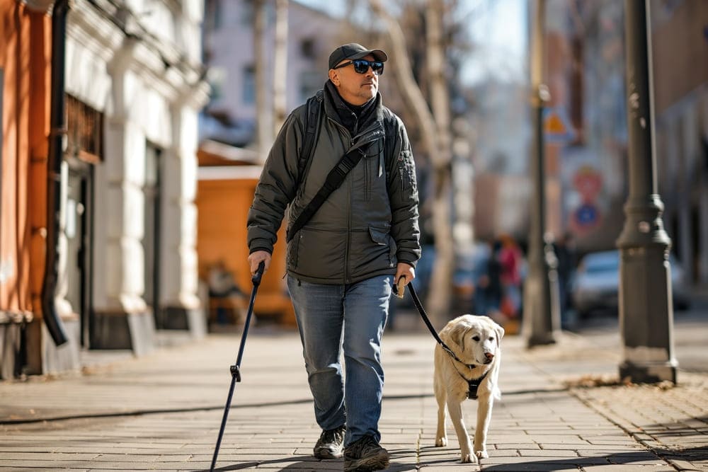 Un señor ciego acompañado de su bastón y su perro guía pasean por la calle de día. 