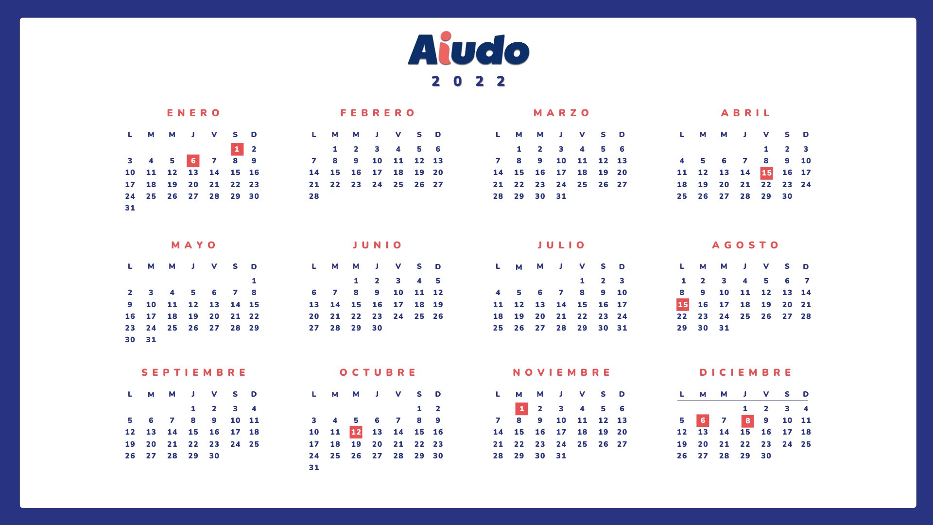 Se muestra un calendario de festivos para las cuidadoras de hogar, con las fechas festivas marcadas en rojo, en concreto, 8 días festivos en todo el 2022.