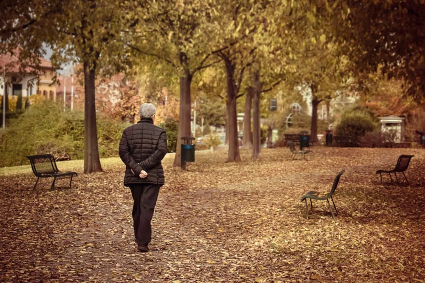 En la imagen se muestra a una persona mayor en otoño paseando por un parque con las hojas caídas en el suelo.