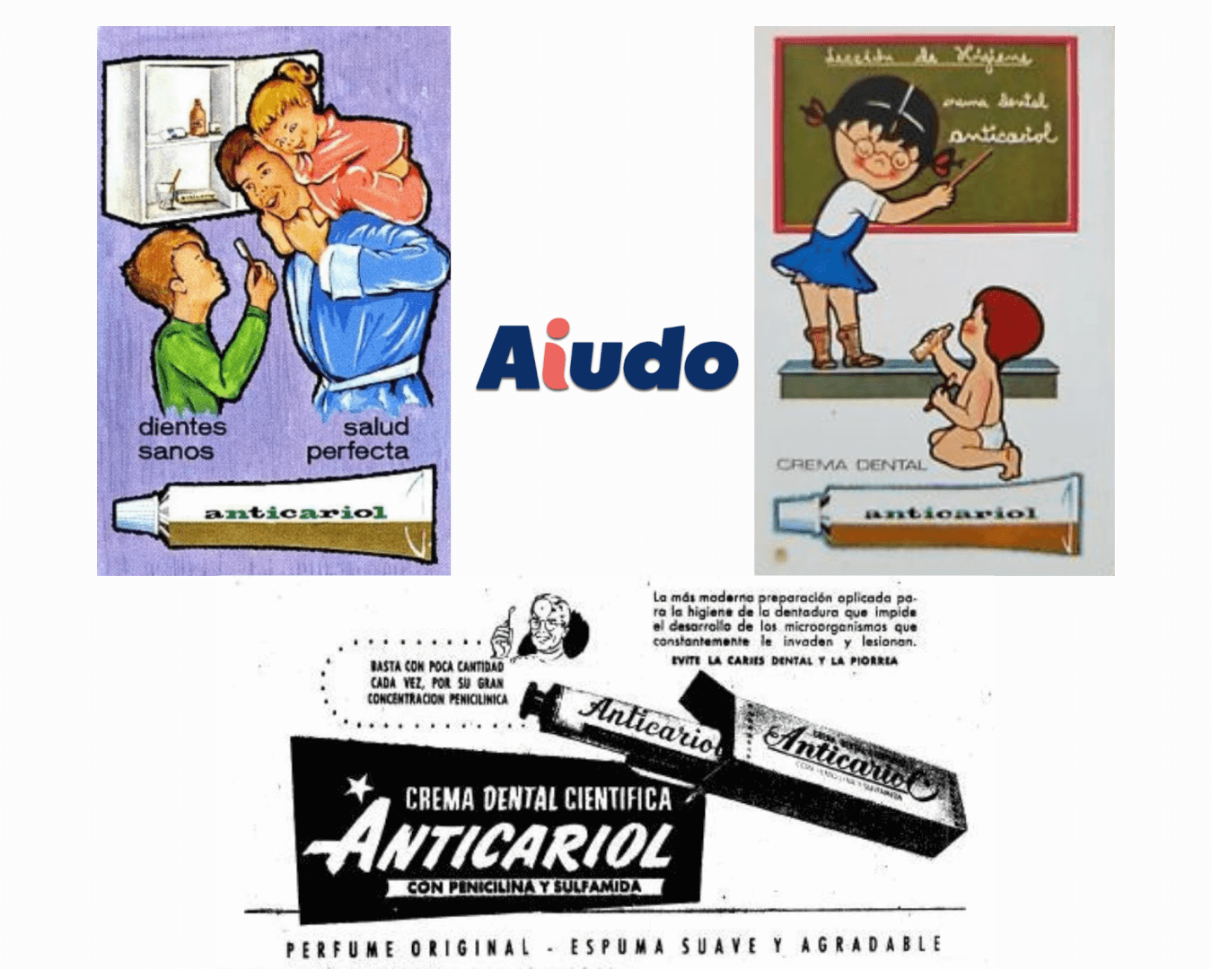 Un collage con distintos diseños de calendario de Anticariol, uno de los productos de higiene que más sonaron en la radio española en los años 50, 60 y 70.