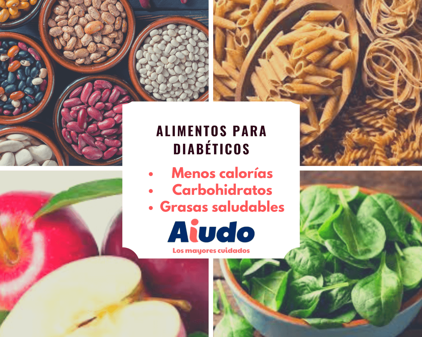 Un collage con distintas fotos de comidas aptas para diabéticos tipo 2 tales como legumbres, manzana, espinacas o pasta integral.