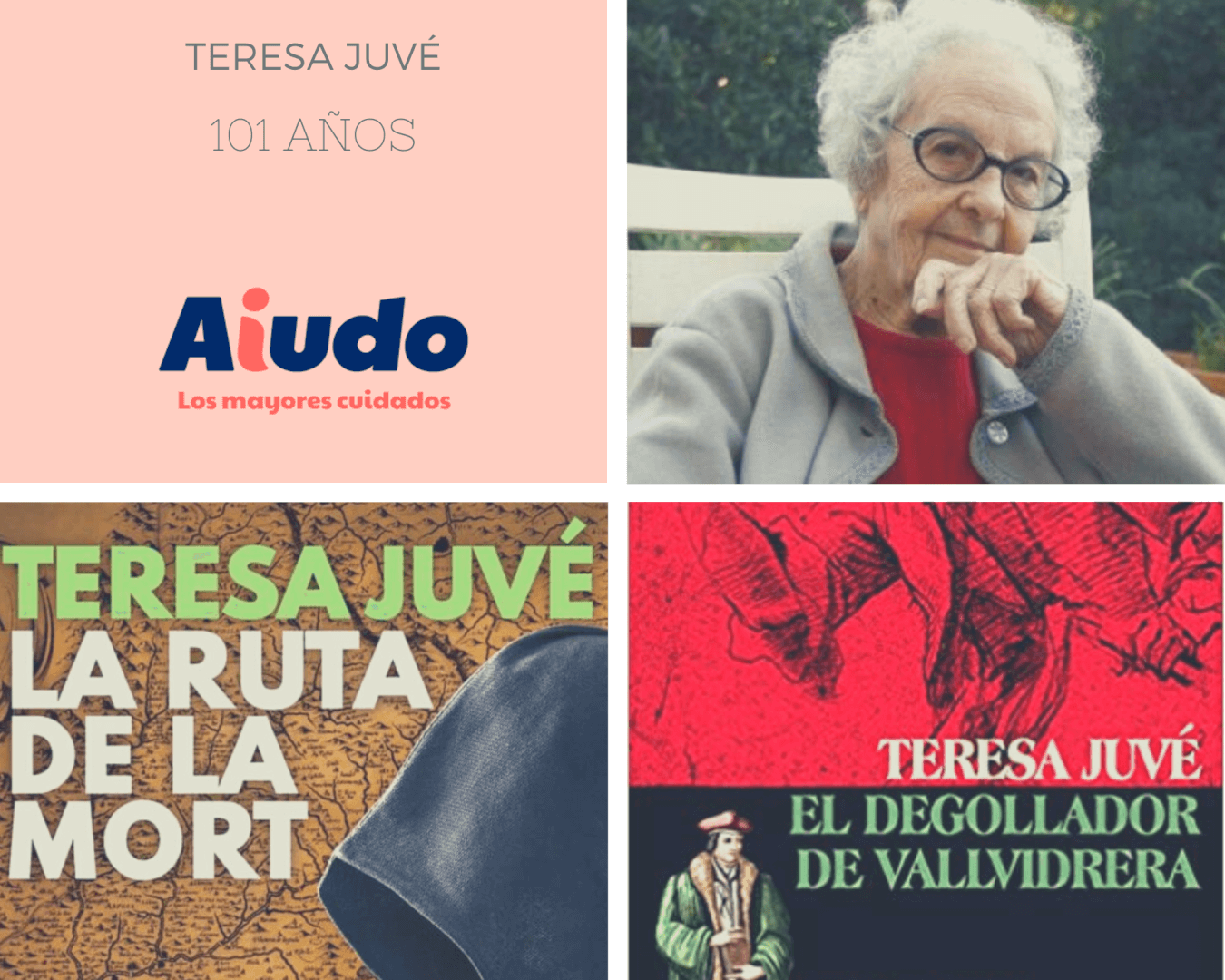 Un collage con la autora Teresa Juvé y las portadas de sus dos últimas novelas.
