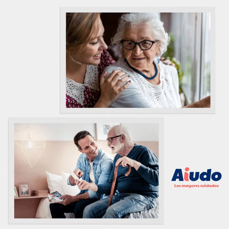 Un collage con dos fotografías de una chica cuidando a una anciana y un chico cuidando un anciano.