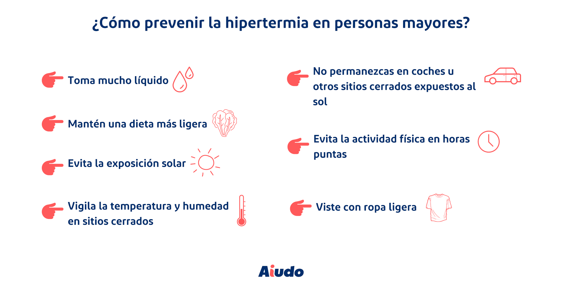 Una infografía de las pautas a seguir para prevenir la hipertermia en personas mayores.