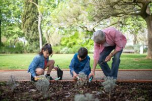 Un señor y dos niños están agachados plantando plantas en un parque.