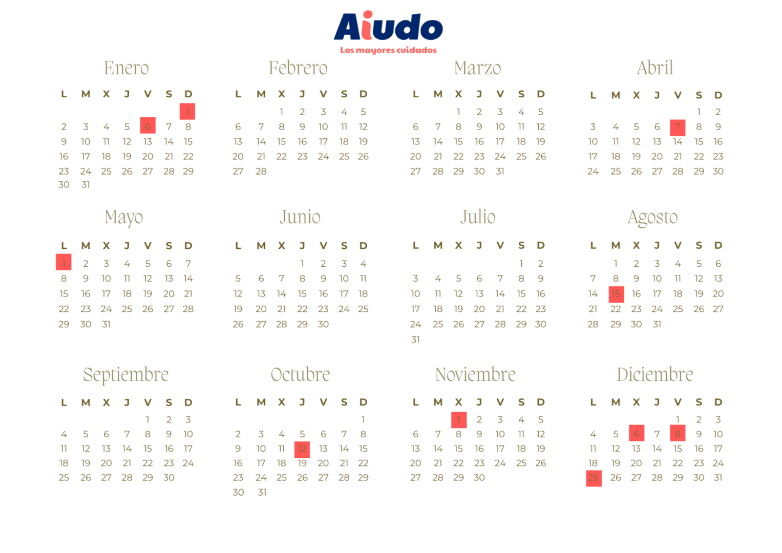 Un calendario con los días marcados en rojo que son festivos en el año 2023