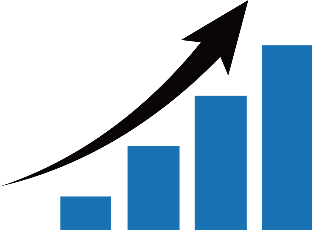Un gráfico de barras ascendente con una flecha negra hacia arriba que indica que aumenta un valor. 