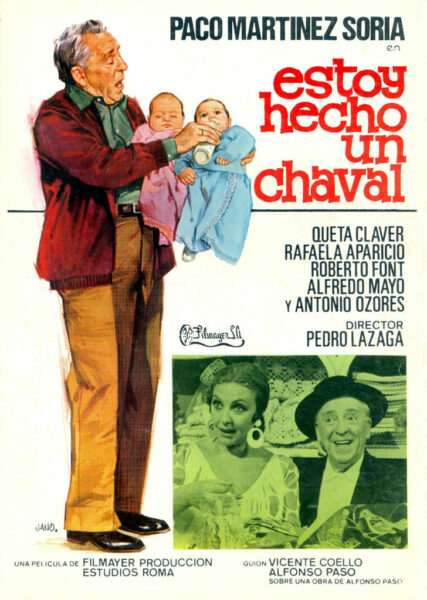 Cartel de la película de Cine de Barrio Estoy hecho un chaval de Paco Martínez Soria, quien aparece en la imagen dando el biberón a un pareja de bebés. 