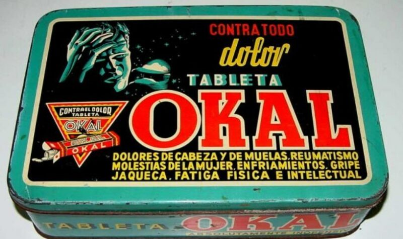 La tableta Okal con su diseño antiguo, uno de los productos para remediar el dolor más icónicos en la España de los años 40 y 50