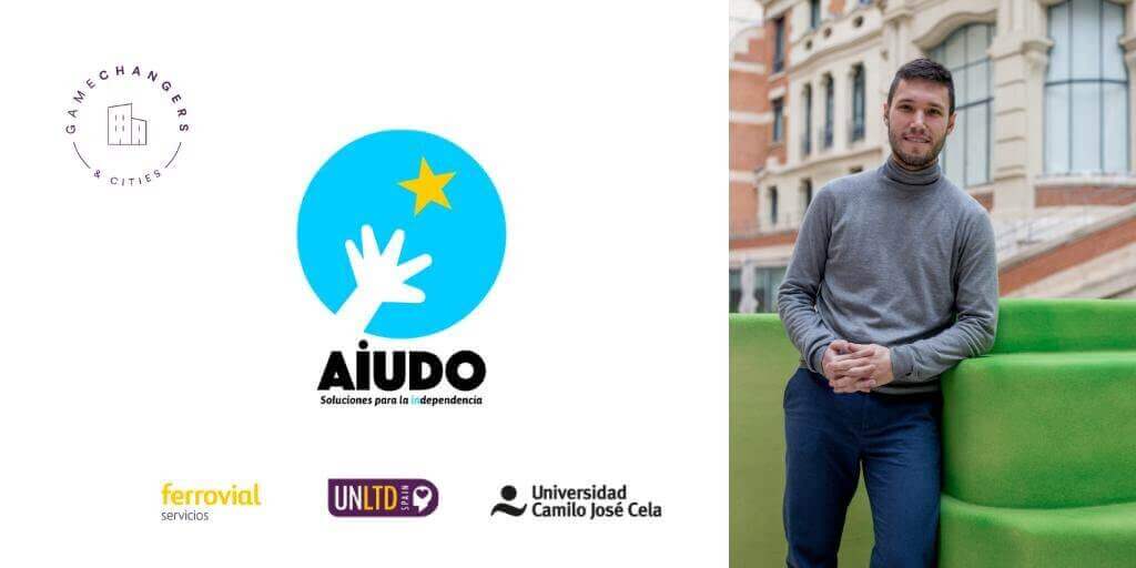 Daniel Ibiza, CEO de Aiudo, junto a logos de tres entidades en un cartel que anuncia un evento