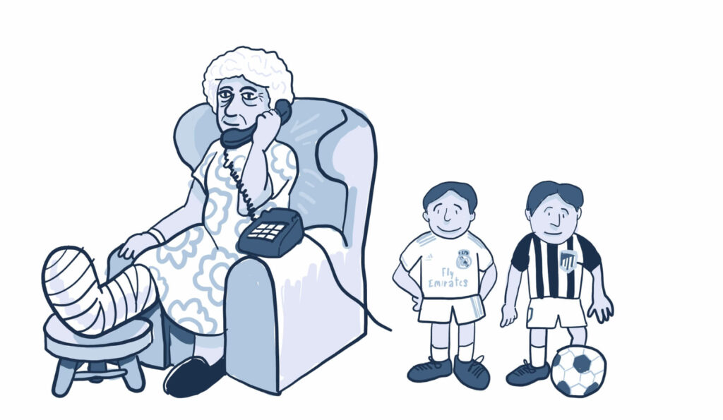 Ilustración de una abuela con la pierna escayolada sentada en un sillón mientras habla por teléfono y a su lado 2 niños con uniforme de fútbol y una pelota.