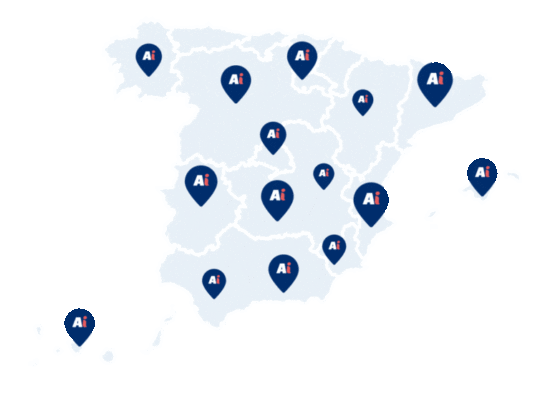 Un mapa de España en que aparecen los logos de Aiudo ejemplificando dónde e pueden encontrar.