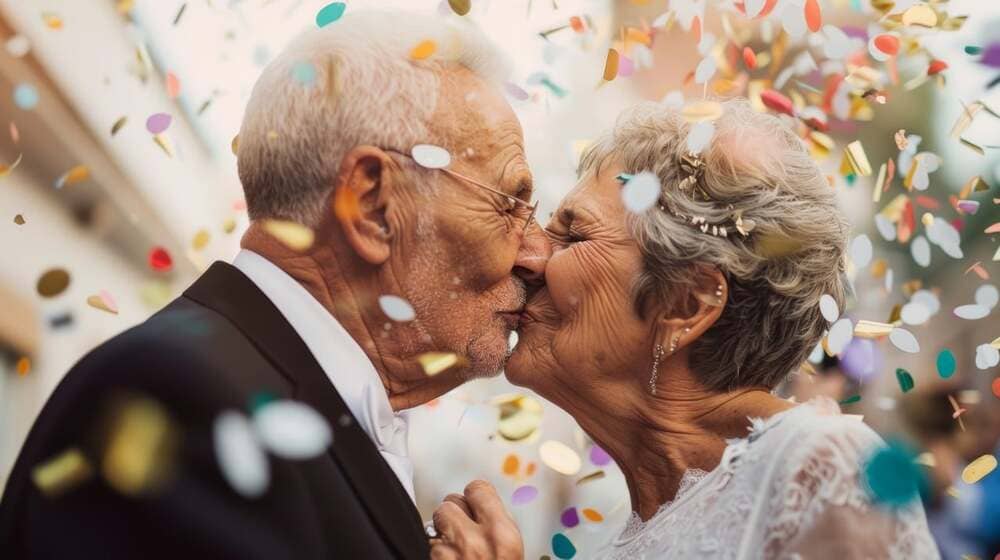 Un matrimonio de ancianos besándose en la calle de manera efusiva.