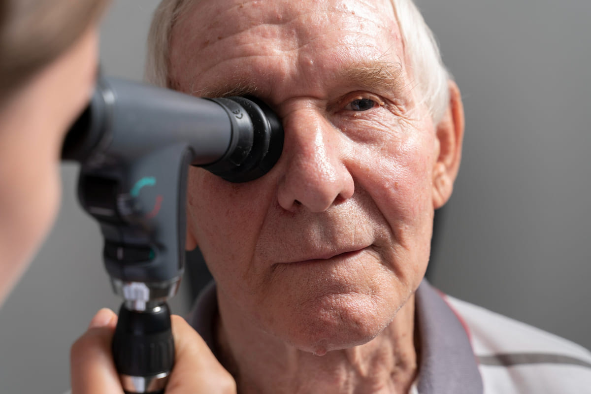 Una persona mayor siendo revisada por un oftalmólogo.
