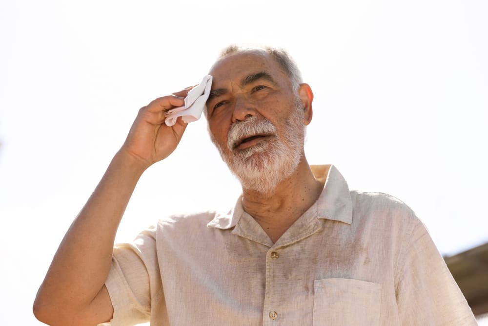 Una persona mayor con calor con un pañuelo secándose el sudor.