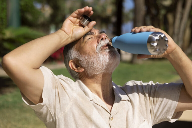 Una persona mayor bebiendo agua bajo el sol