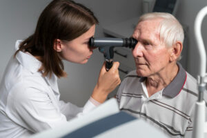 Una persona mayor siendo diagnosticada por un oftalmólogo.