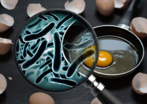 Un huevo frito con una sartén y una lupa que en 3D muestra bacterias en el interior del huevo.