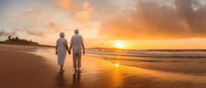 Una pareja de ancianos pasea en el atardecer en una playa.