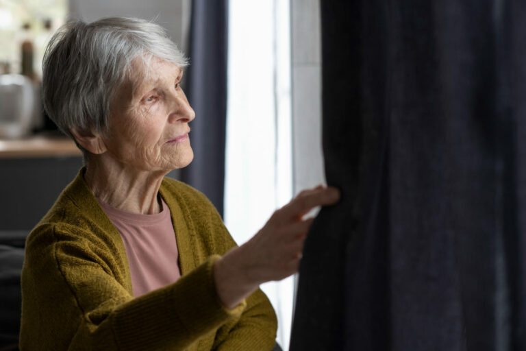 Una anciana sola observando por la ventana.