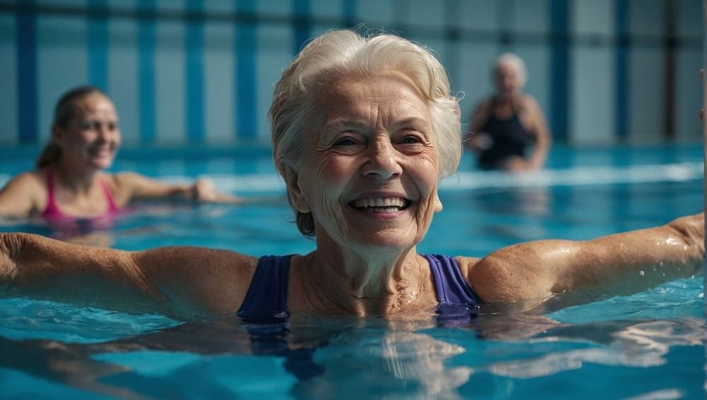 Una anciana sonríe mientras practica un ejercicio de aquagym en una piscina. 