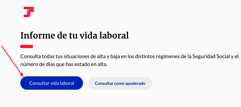 Una captura de pantalla de la página web de la Seguridad Social que indica el paso a seguir para solicitar el informe de la vida laboral de una persona. 