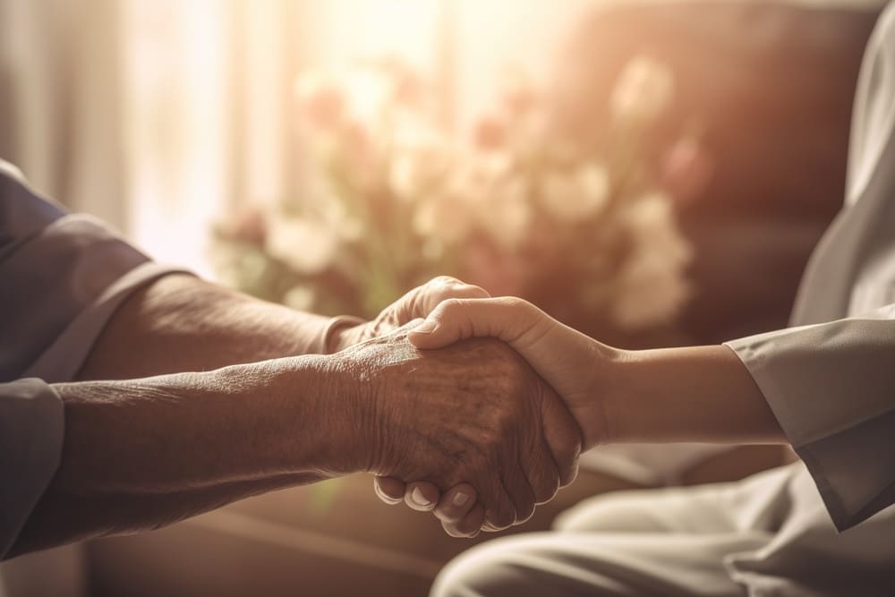 Una imagen detalle de las manos de una cuidadora agarrando a las de una anciana. 