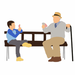 Dibujo de un abuelo y su nieto jugando a las cartas en un banco.