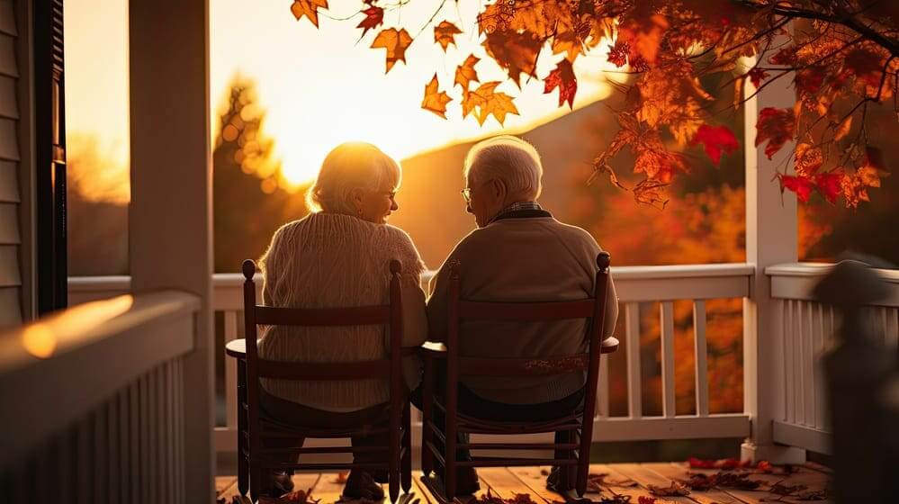 Una pareja de ancianos sentada en el porche de su casa mientras ven el atardecer. 
