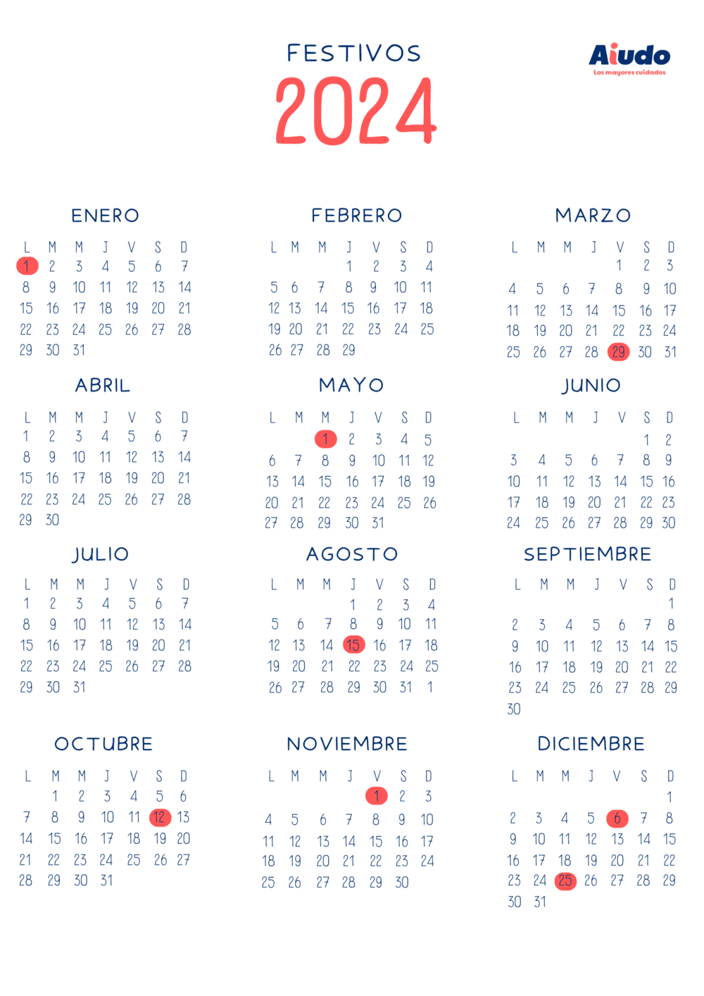 Un calendario del año 2024 de enero a diciembre con los días festivos marcados en rojo. 
