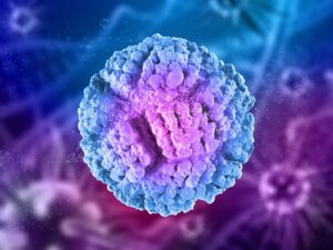 Una imagen en 3D de un virus con colores morados y azules.