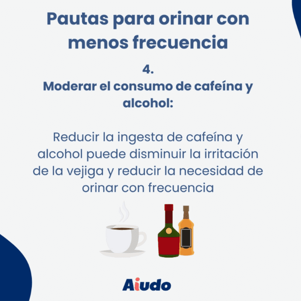 Pautas para orinar con menos frecuencia, 4: Moderar el consumo de cafeína y alcohol con una taza de café y dos dibujos de botellas de alcohol y el logo de Aiudo abajo.