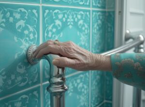 el brazo derecho de una mujer mayor apoyado sobre un reposabrazos del baño.