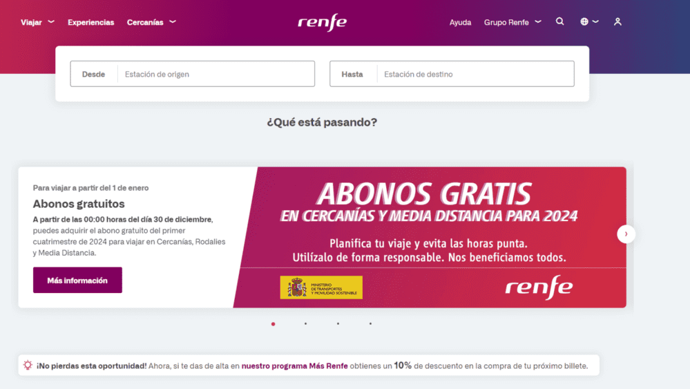 La página de inicio de la web de Renfe, con el anuncio del Abono gratis. 