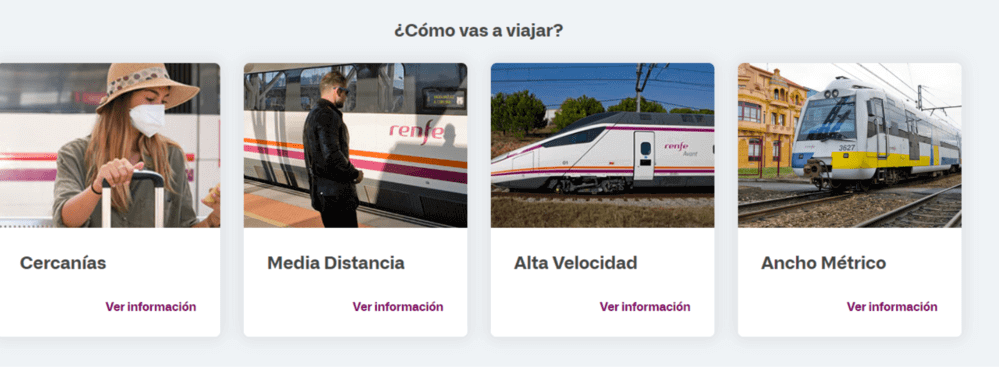 4 opciones a elegir: cercanías, Media Distancia, Alta Velocidad y Ancho Métrico en la web de RENFE. 