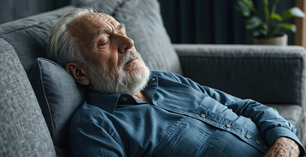 Un anciano descansa en un sofá estando boca arriba. 