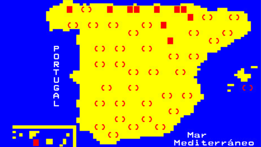 Una imagen del teletexto del mapa de España en amarillo sobre un fondo azul. 
