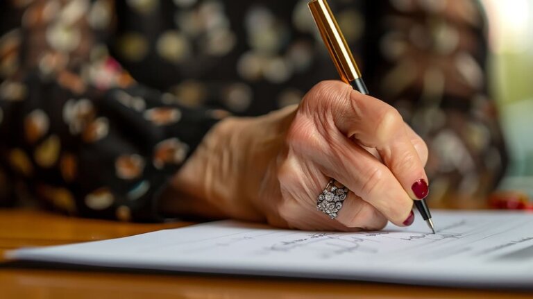 Una mujer mayor en un primer plano de su mano firmando un contrato de trabajo.