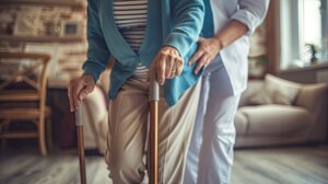 Una cuidadora ayuda a que no se una persona mayor con bastón en su casa.