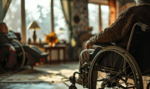 Un plano de una persona mayor de espaldas en silla de ruedas mirando a la ventana de su casa.